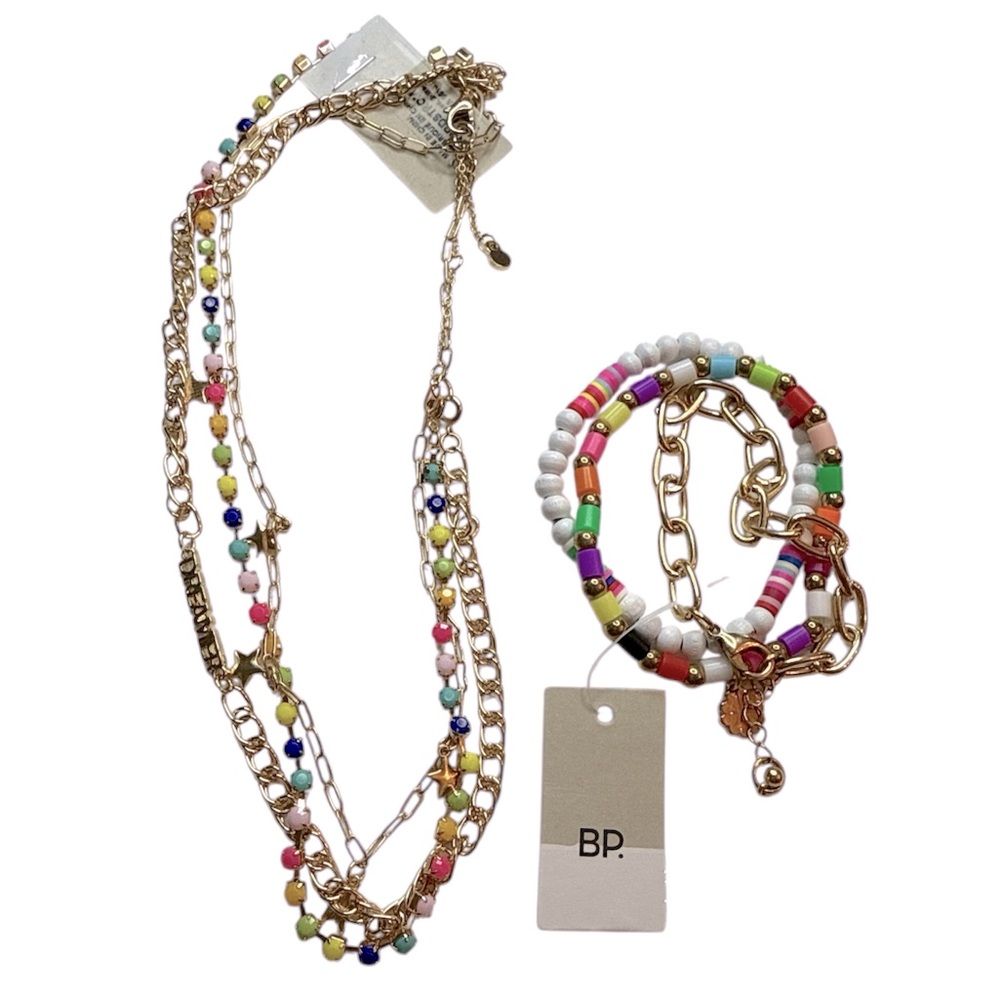 BP. Bundle of Gold tone Multicolor Multi-Strand Necklace and 3 bracelets set NEW